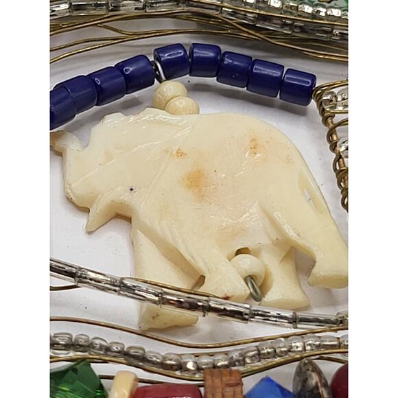 Boho Folk Art Elephant Pendant Mixed Media Beaded Wire Vintage Jewelry Piece - Picture 7 of 11